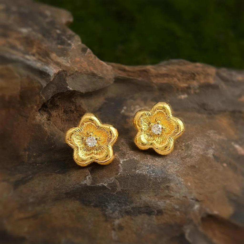 Vintage Brushed 14K Gold Plated Copper Flower Zircon Stud Earrings