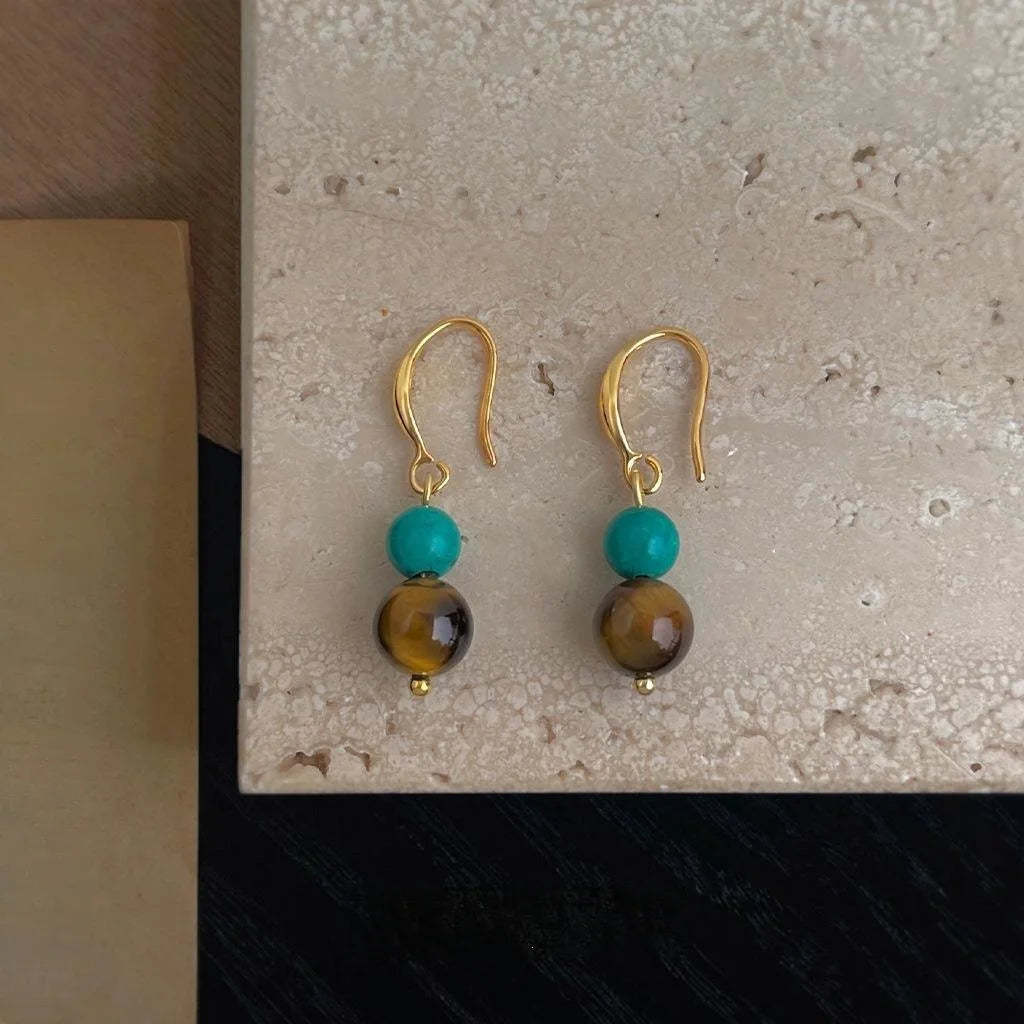 Handmade Tiger Eye Synthetic Turquoise Geometric Drop Earrings Vintage Ethnic Teardrop Jewelry