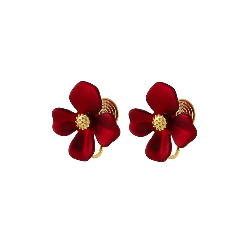 Vintage Red Enamel Flower Stud & Clip On No Piercing Alloy Gold Tone Sweet Floral Earrings