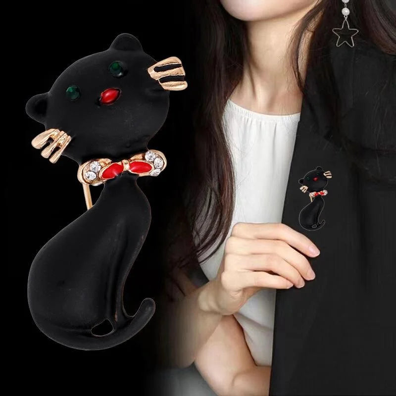 Cute Black Cat Enamel Brooch With Rhinestone Collar, Elegant Alloy Lapel Pin Corsage Gift For Women