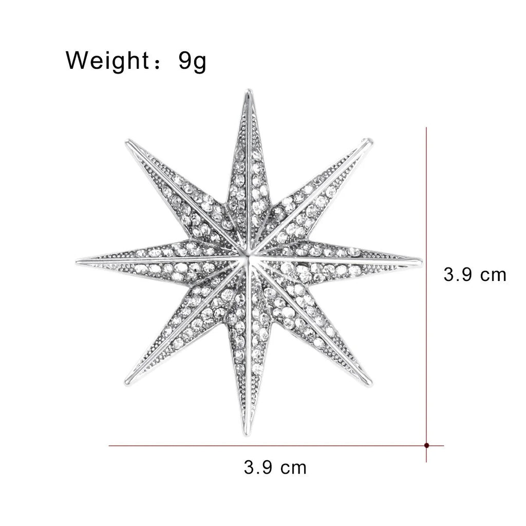 Luxury Rhinestone Eight-Point Starburst Brooch, Silver Tone Alloy Lapel Pin Corsage Suit Accessory Gift