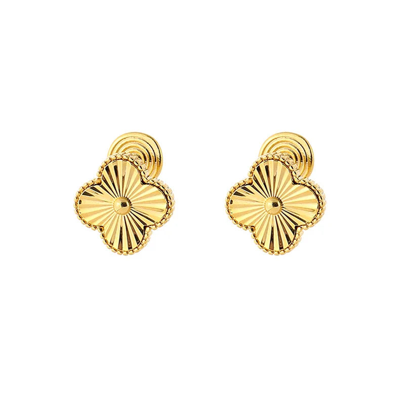 Vintage French Laser Clover Alloy Stud & Clip On No Piercing Commuter Spiral Back Gift Earrings