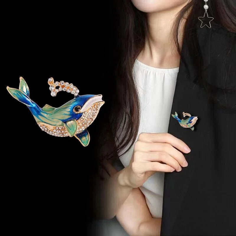 Elegant Blue Enamel Whale Brooch With Rhinestones, Gold Tone Alloy Dolphin Lapel Pin Corsage Gift