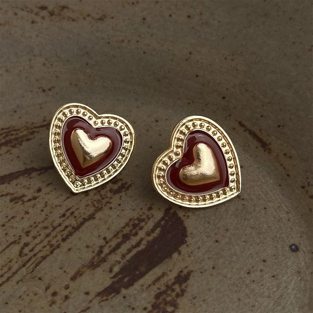 Vintage Burgundy Enamel Heart Stud Earrings 14K Plated Alloy Palace Style