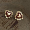 Vintage Burgundy Enamel Heart Stud Earrings 14K Plated Alloy Palace Style