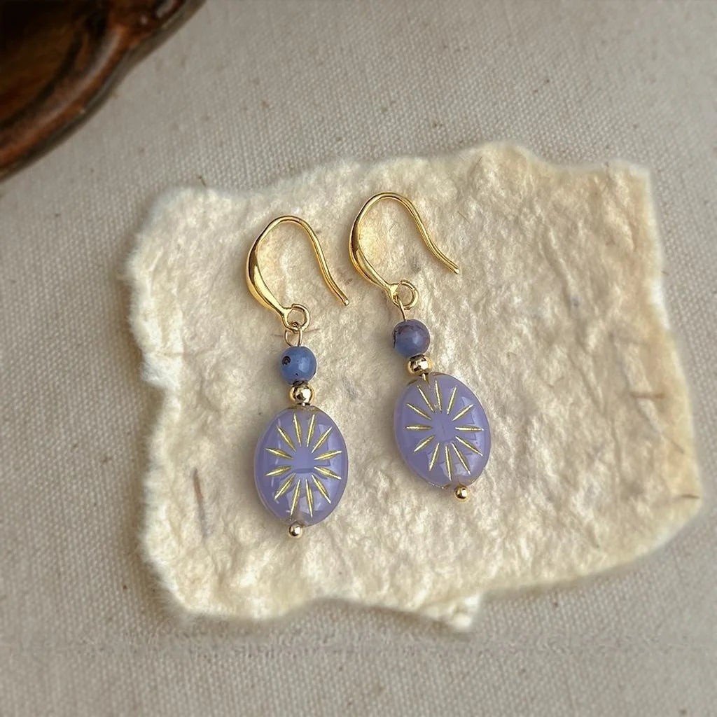 Vintage Style Geometric Starburst Glass Drop Earrings With Round Oval Glazed Beads