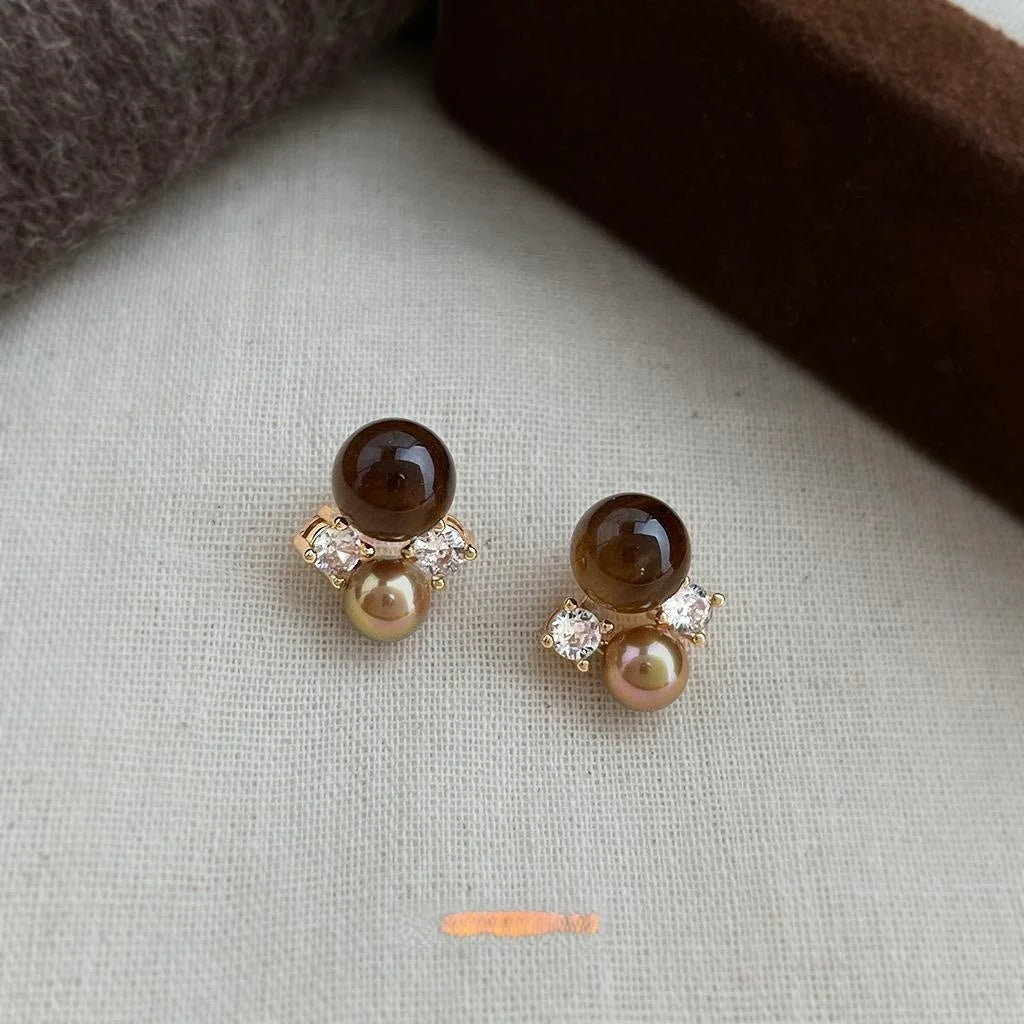 Maillard Vintage Tiger Eye Zircon Pearl Geometric Flower Stud Earrings