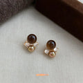 Maillard Vintage Tiger Eye Zircon Pearl Geometric Flower Stud Earrings