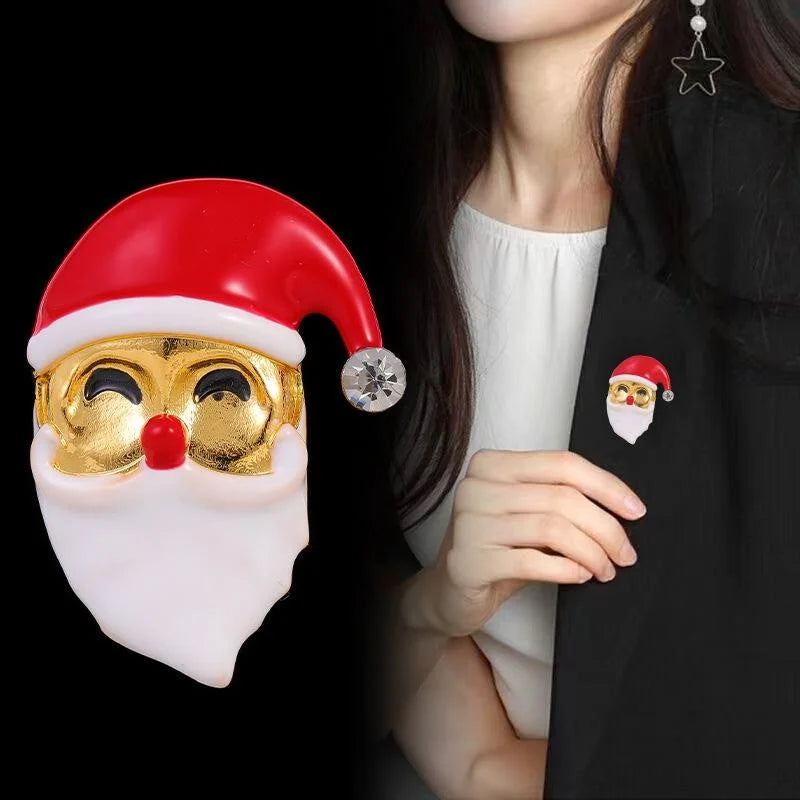 Cute Enamel Santa Claus Brooch With Rhinestone Hat, Christmas Lapel Pin Corsage Suit Accessory Gift
