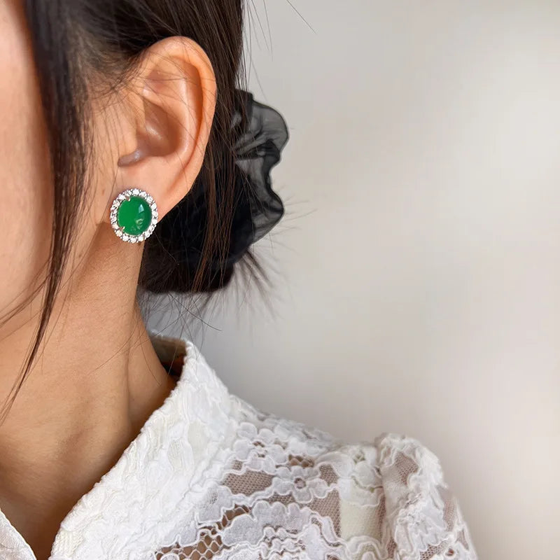 Elegant Oval Green Agate Rhinestone Halo Stud & Clip On No Piercing Vintage Chinese Style Earrings