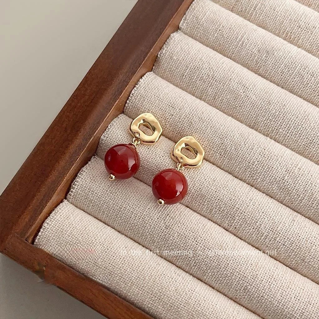 Natural Red Agate 14K Plated New Chinese Palace Style Round Geometric Drop Earrings
