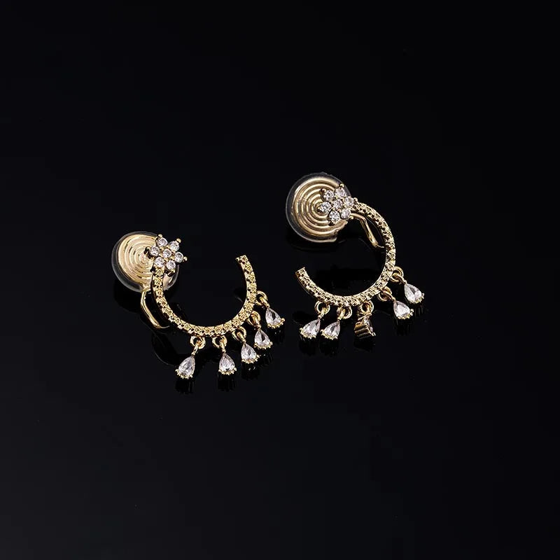 Elegant C Shape Hoop Spiral Disc Stud & Clip On No Piercing Alloy Rhinestone Teardrop Dangle Earrings