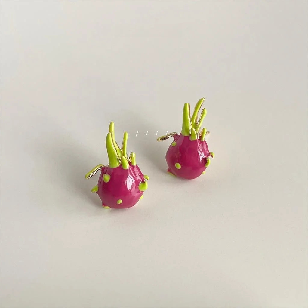 Sweet Dragon Fruit Enamel Copper Stud Earrings Trendy Geometric Fruit Jewelry