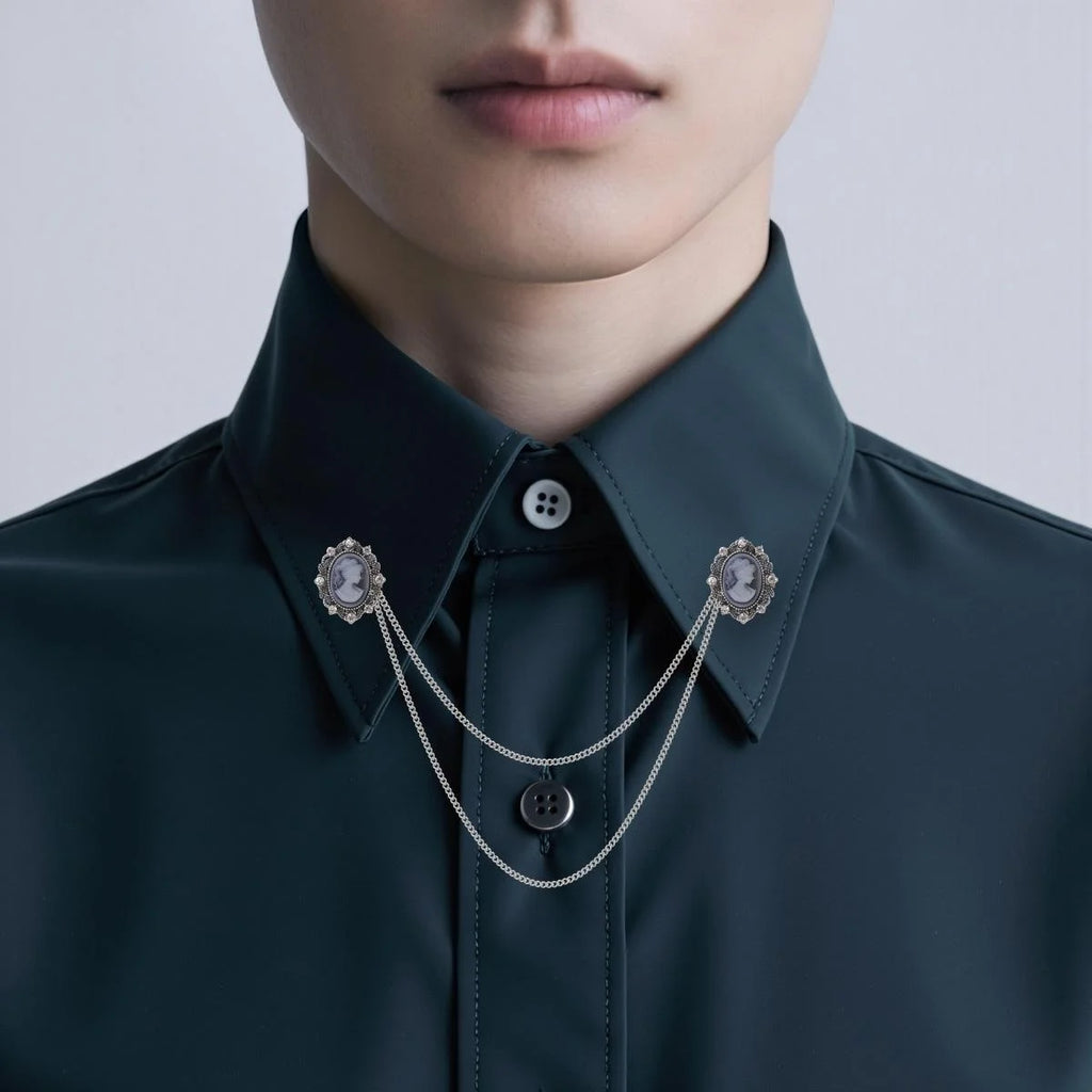 Vintage Cameo Lady Head Alloy Rhinestone Double Chain Brooch Collar Pin For Suit Lapel Scarf Gift