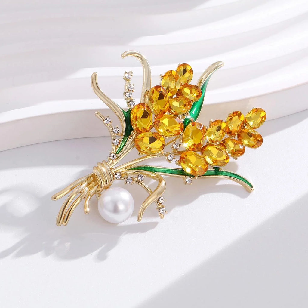 Elegant Wheat Bouquet Brooch With Pearl, Amber Rhinestone And Green Enamel Lapel Pin Suit Accessory Gift