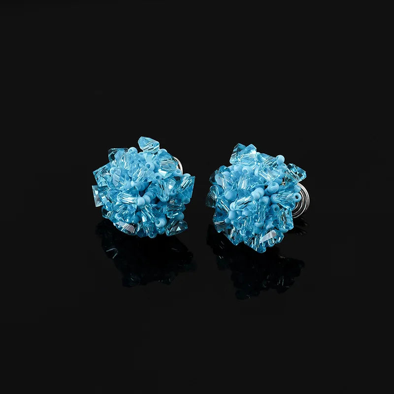 Elegant Blue Crystal Beaded Flower Stud & Clip On No Piercing Handmade Summer Statement Earrings