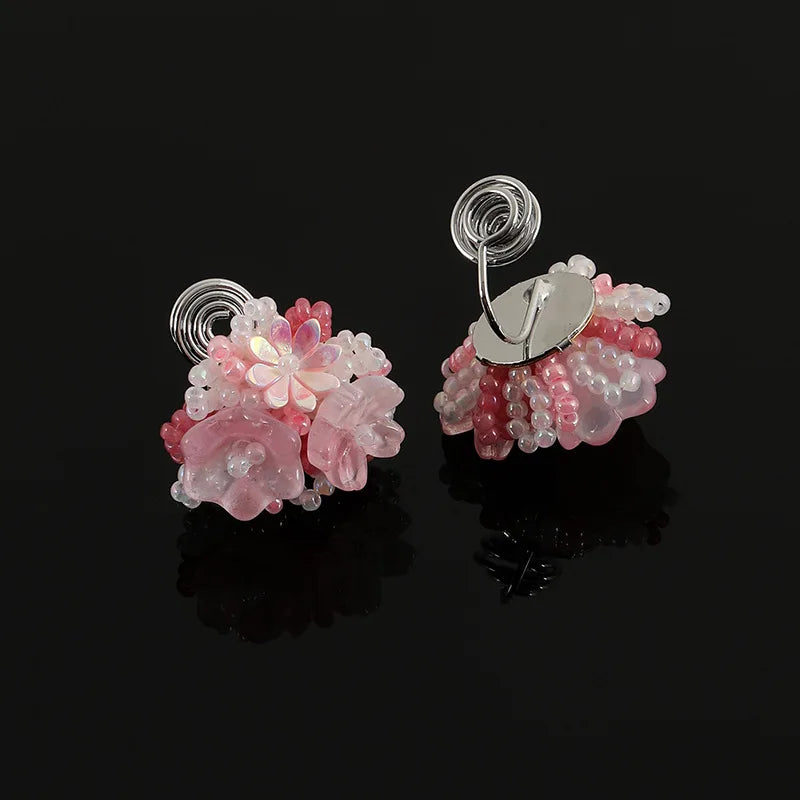 Elegant Pink Beaded Flower Alloy Stud & Clip On No Piercing Handmade Spiral Pearl Drop Earrings