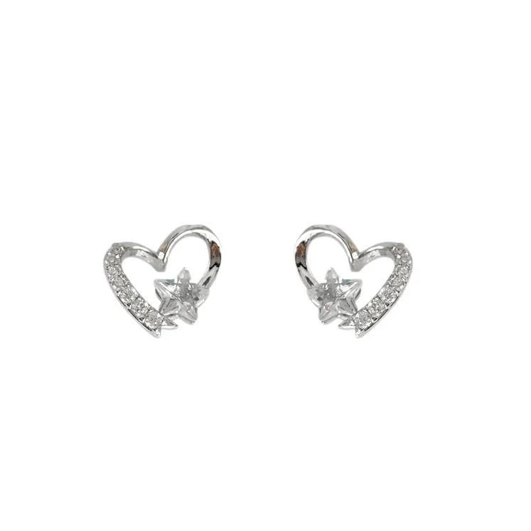 Sweet Cool Micro Pave Zircon Heart Star Stud Earrings, Copper Hollow Line Design