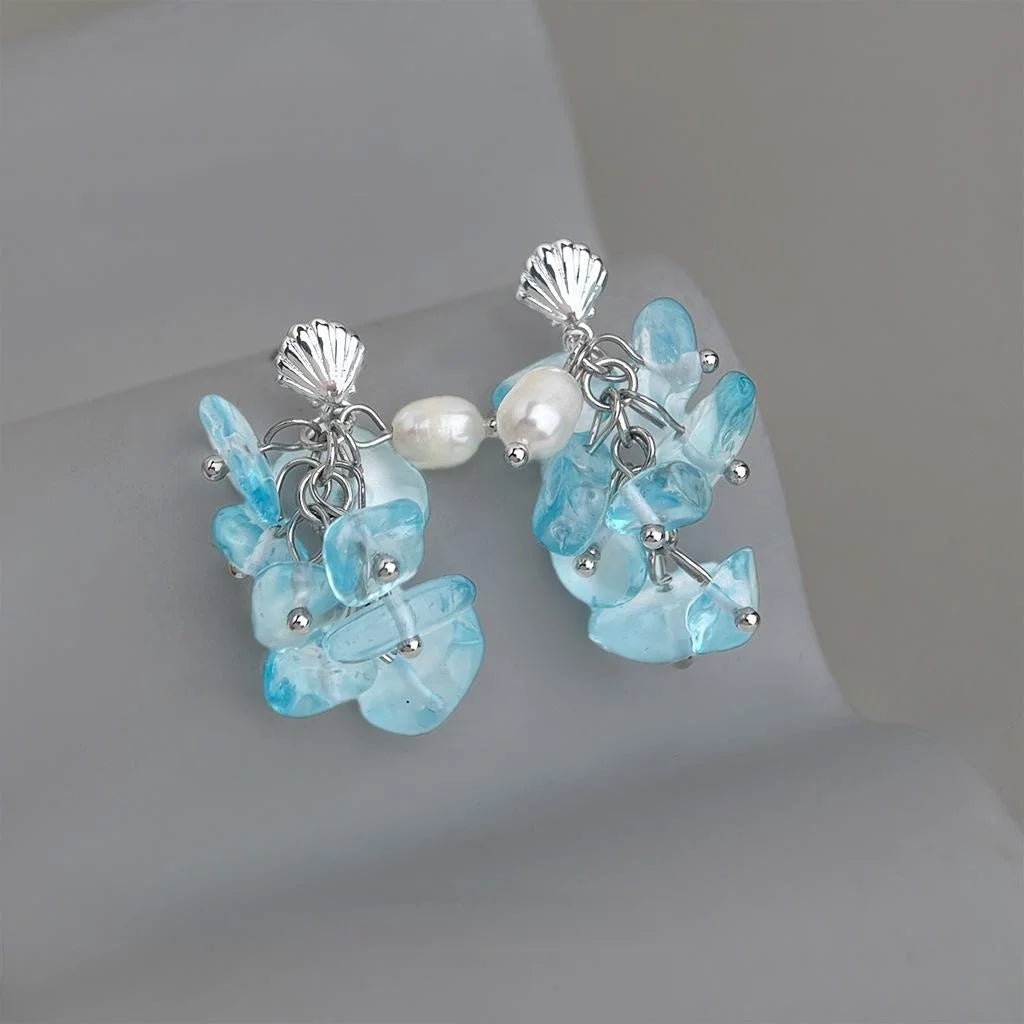 Sweet Beach Style Sea Blue Glass Crystal Freshwater Pearl Shell Tassel Drop Earrings
