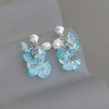 Sweet Beach Style Sea Blue Glass Crystal Freshwater Pearl Shell Tassel Drop Earrings