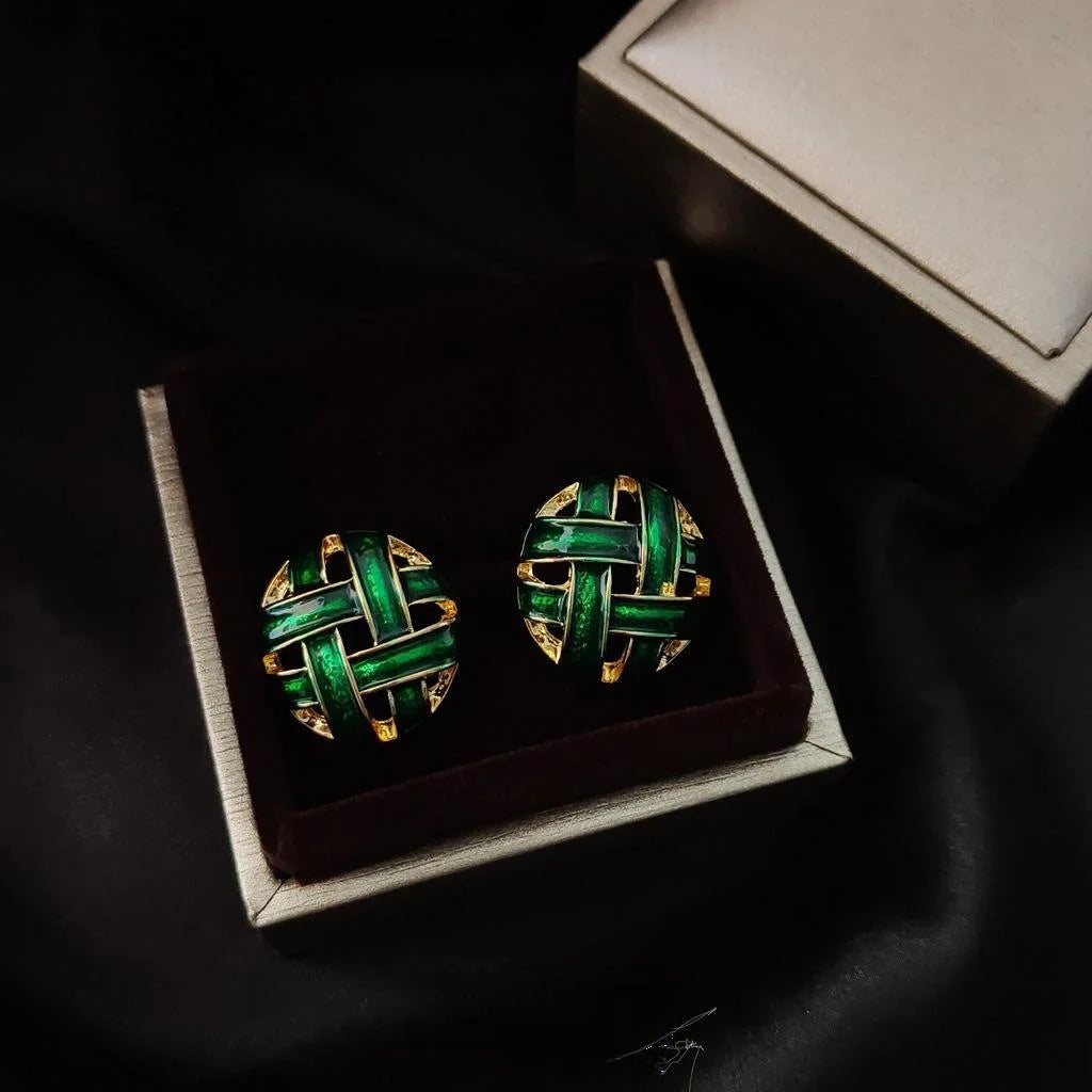 Light Luxury Vintage Woven Half Moon Green Enamel Hollow Copper Stud Earrings