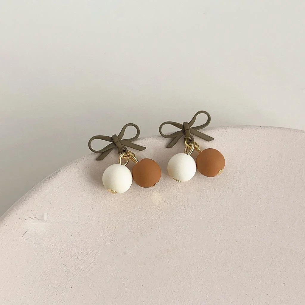 Maillard Brown Bow Cherry Drop Earrings Copper Sweet Autumn Winter Jewelry