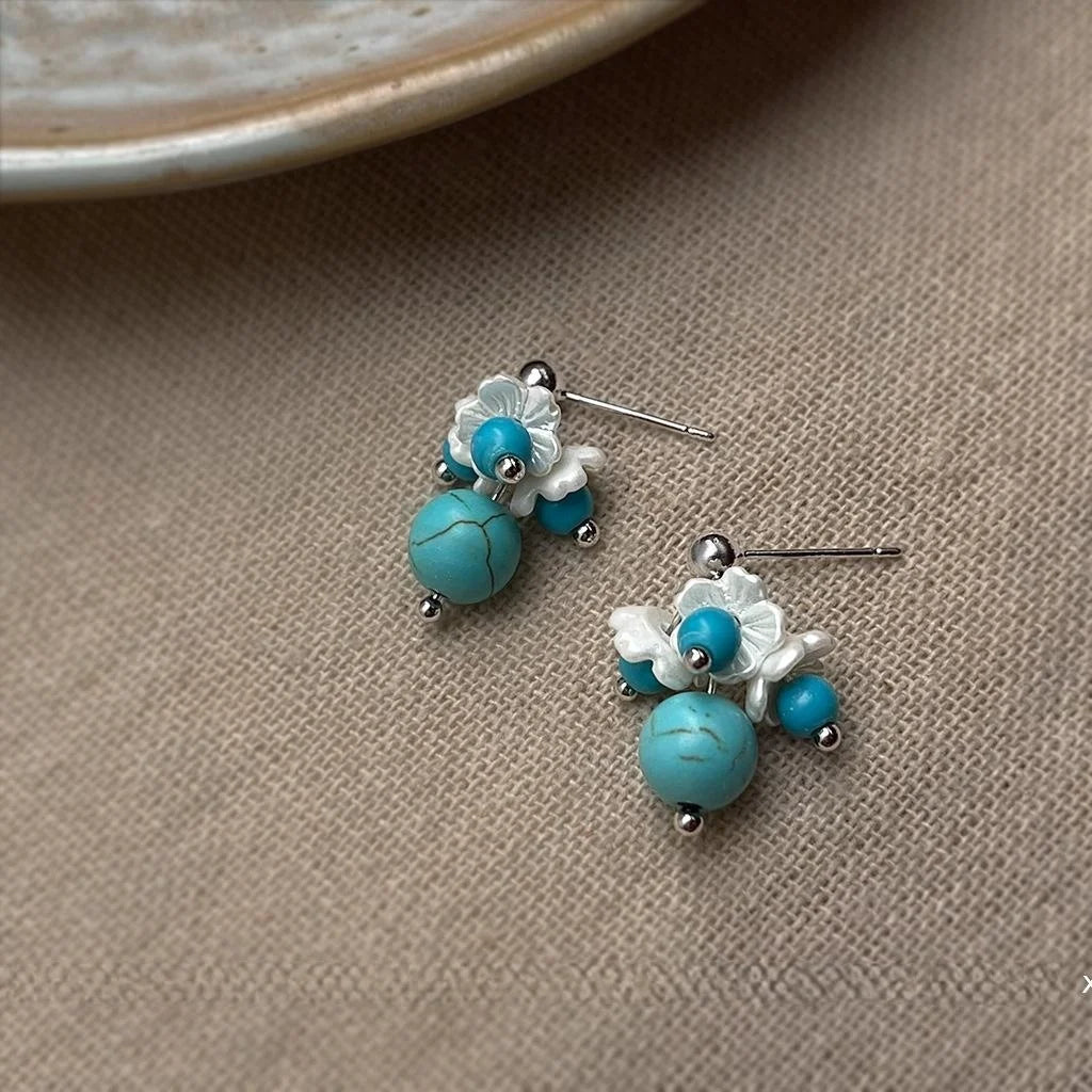 Vintage Boho Synthetic Turquoise Resin Floral Tassel Drop Earrings