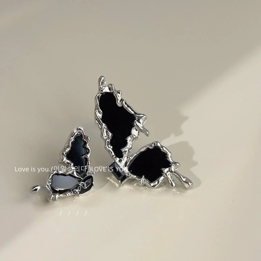 Sweet Cool Asymmetric Black Butterfly Zircon Stud Earrings With Silver Plated Posts