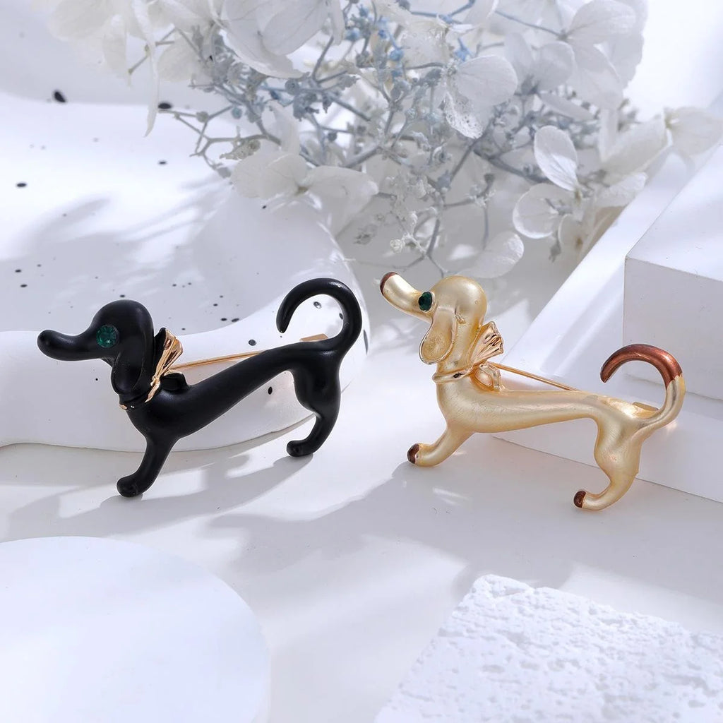 Cute Gold Alloy Dachshund Dog Brooch With Green Rhinestone Eye, Creative Animal Lapel Pin Gift