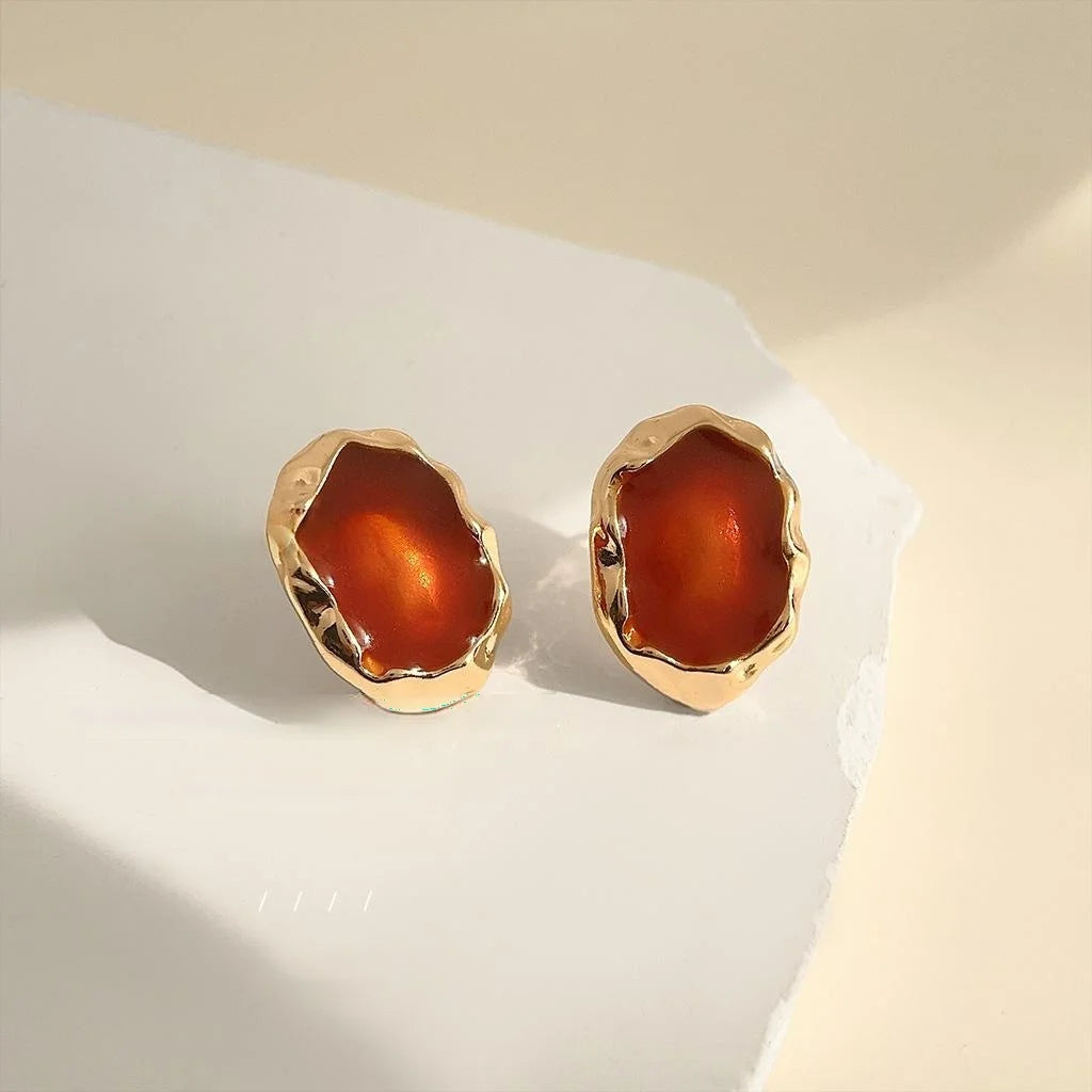French Vintage Geometric Oval Amber Enamel Copper Stud Earrings With 14K Plated