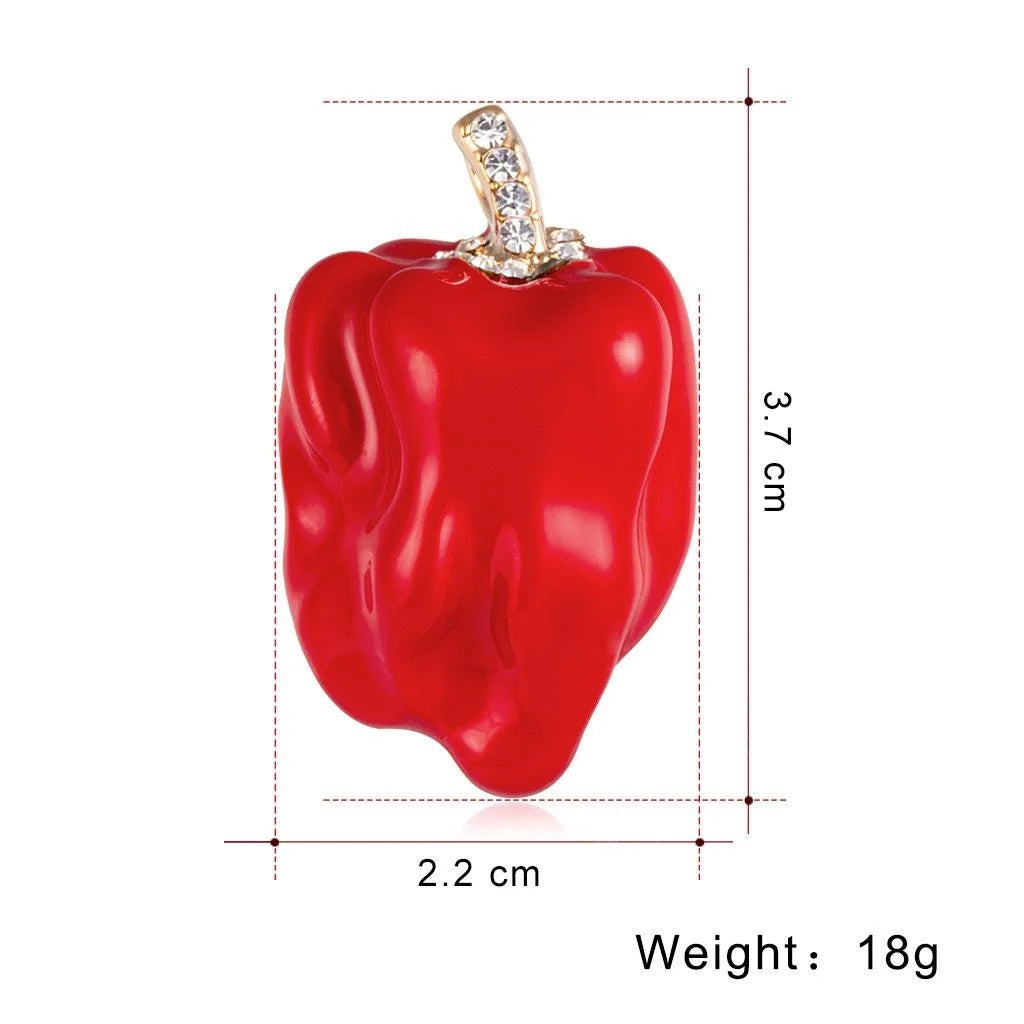 Elegant Red Chili Pepper Enamel Brooch With Rhinestone Stem, Creative Vegetable Lapel Pin Corsage Gift