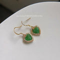 Vintage Green Glass Crystal Heart Drop Earrings Copper French Elegant Retro Jewelry