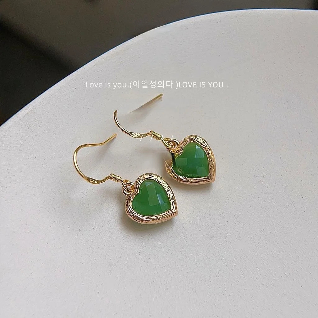 Vintage Green Glass Crystal Heart Drop Earrings Copper French Elegant Retro Jewelry