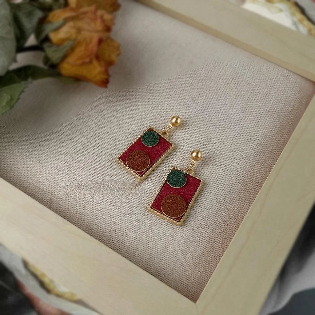 Vintage PU Leather Geometric Drop Earrings With Matte Plated Rectangle And Circle Design