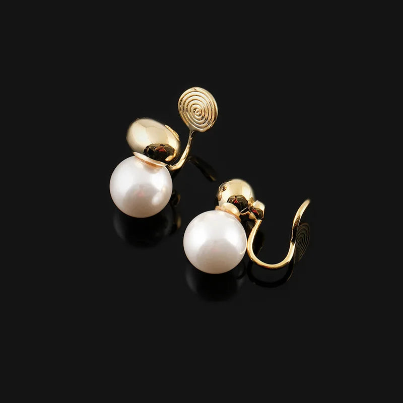 Elegant Pearl Gold Alloy Spiral Coil Bean Stud & Clip On No Piercing Minimalist Fashion Earrings