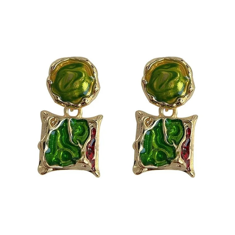 New Chinese Vintage Green Enamel Irregular Geometric Metal Drop Earrings