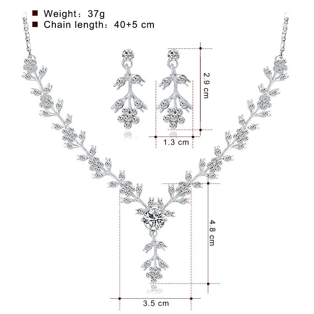 Elegant Silver Alloy Rhinestone Vine Flower Necklace And Earrings Jewelry Set For Bridal Wedding Party Gift