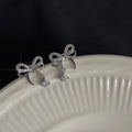 Sweet Cool Micro Pave Zircon Hollow Bow Stud Earrings, Copper Silver Plated Pin Commuter Jewelry