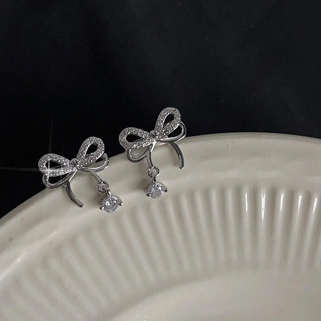 Sweet Cool Micro Pave Zircon Hollow Bow Stud Earrings, Copper Silver Plated Pin Commuter Jewelry