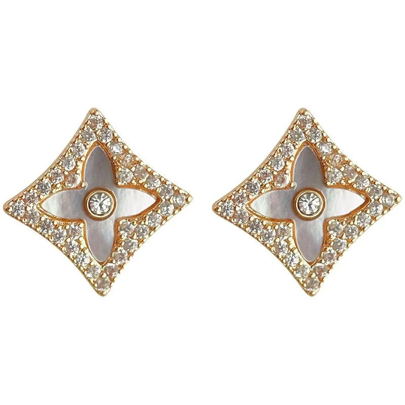 14K Gold Plated Copper Micro Pave Zircon Real Shell Geometric Square Luxury Stud Earrings