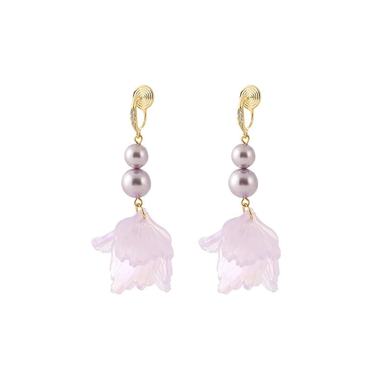 Elegant Handmade Purple Flower Petal Pearl Tassel Alloy Stud & Clip On No Piercing Drop Earrings