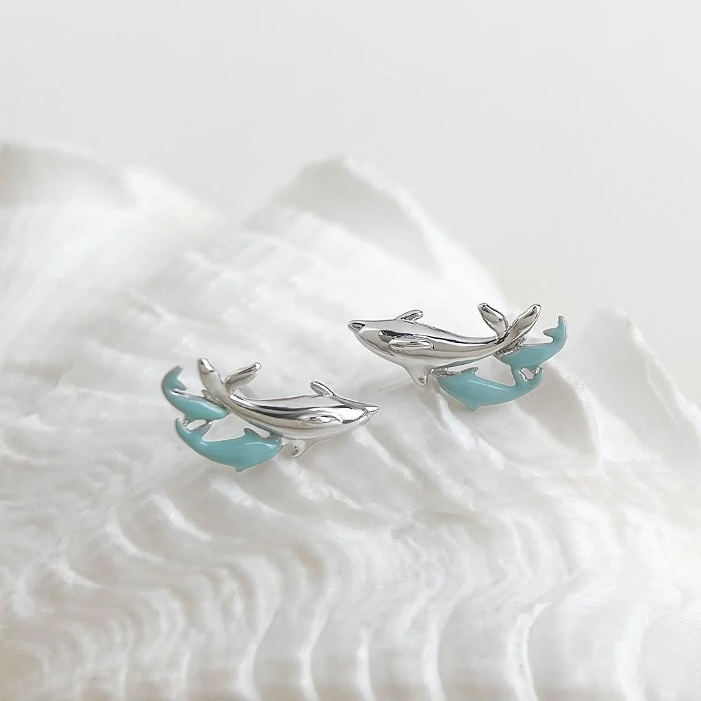 Silver Plated Copper Whale Dolphin Stud Earrings Ocean Animal Designer Sweet Cool Jewelry
