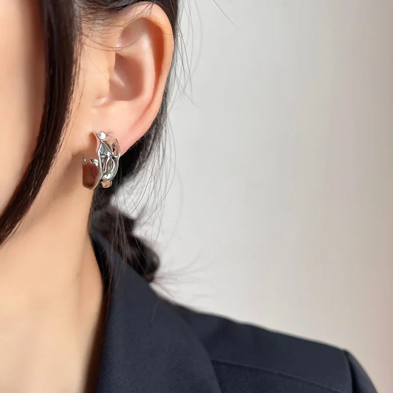 Irregular Crumpled Silver Alloy Hoop With Spiral Disc Stud & Clip On No Piercing Earrings