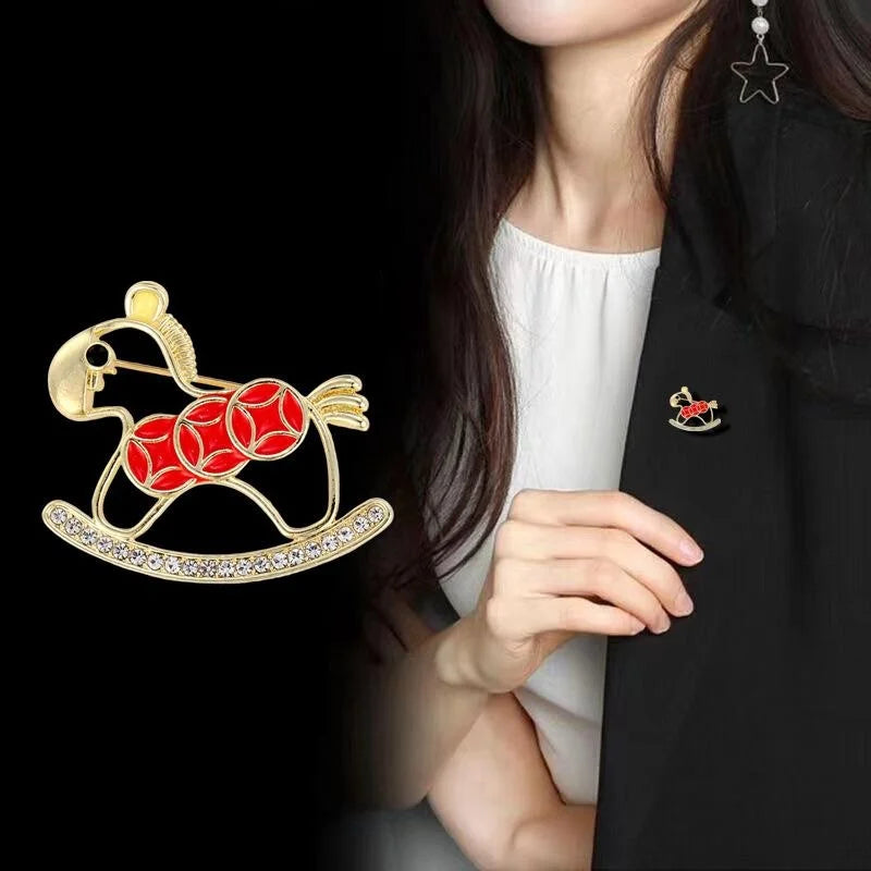 Luxury Red Enamel Rocking Horse Brooch With Rhinestone Paved Base, Elegant Women's Lapel Pin Gift