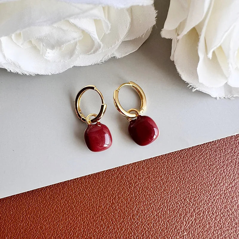 Vintage Red Enamel Square Drop Hoop Stud & Clip On No Piercing Gold Tone Alloy Spiral Disc Earrings