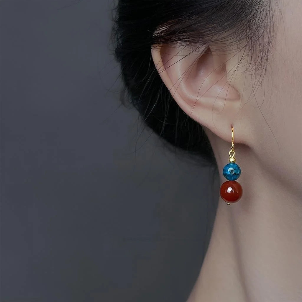Handmade Copper Red Agate Drop Earrings Ethnic Vintage Geometric Round Dangle Jewelry