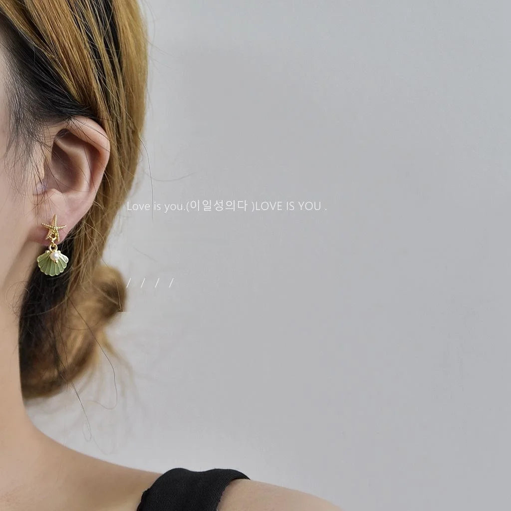 14K Plated Alloy Starfish Stud Earrings With Pearl Shell Korean Fresh Style Jewelry