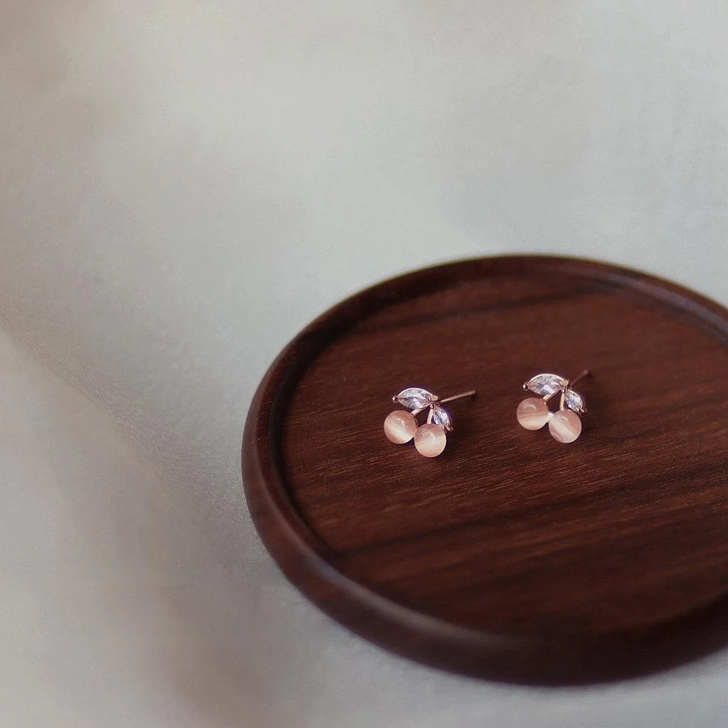 Sweet Korean Japanese Cherry Cat Eye Stone Zircon 14K Gold Plated Stud Earrings For Women