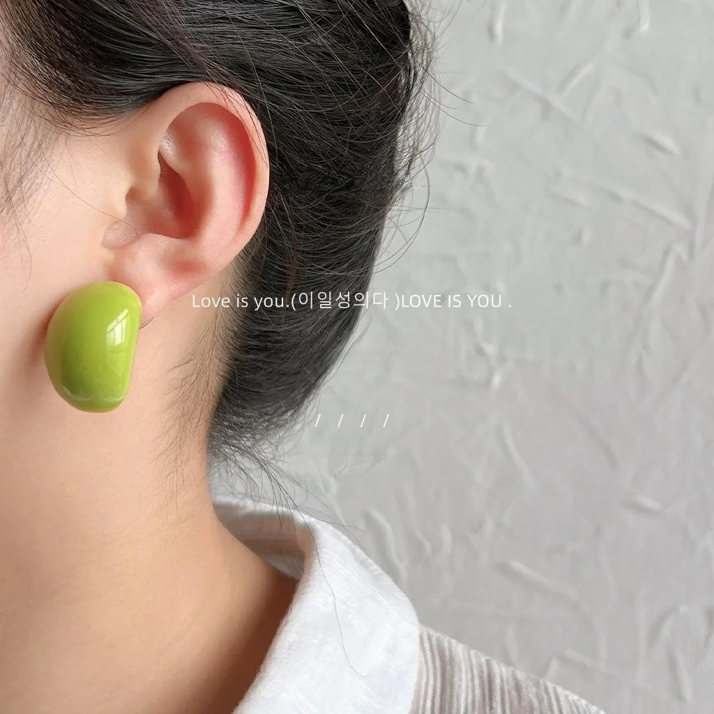 Avocado Green Resin Oval Stud Earrings With Silver Plated Pins Minimalist Summer Jewelry