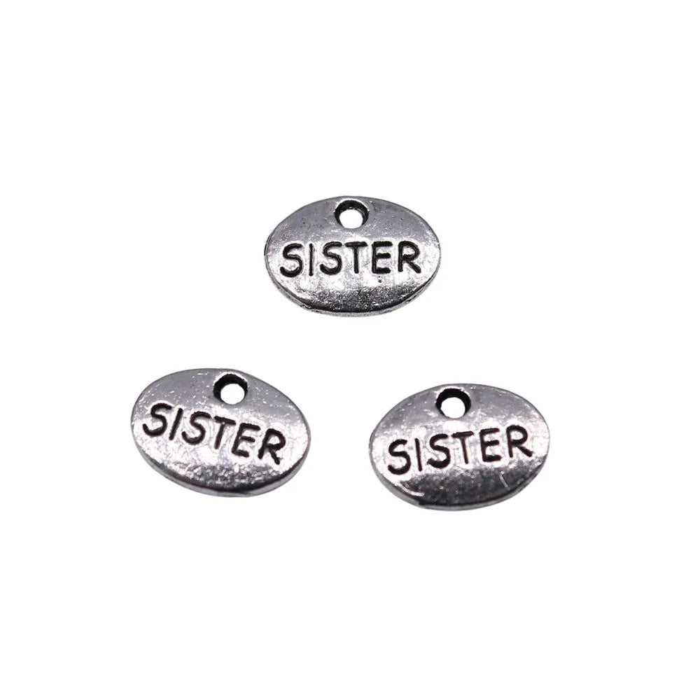 12x9mm 0.8g Antique Silver Zinc Alloy Sister Word Tag Letter Charm Pendant for DIY Bracelet Jewelry Making